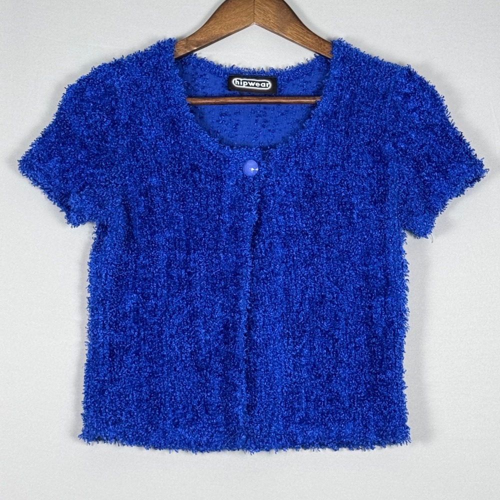 Hipwear Cardigan Women XS/S Blue Excellent Y2K Fuzzy Short Sleeve Single Button
